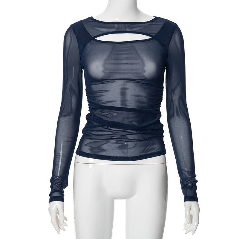 Summer new solid color long - sleeved bottom mesh hollow top - Negative Apparel