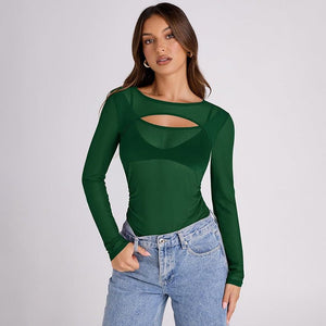 Summer new solid color long - sleeved bottom mesh hollow top - Negative Apparel