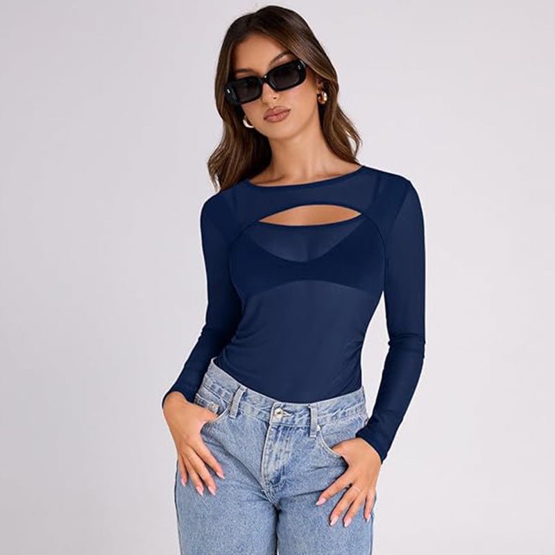 Summer new solid color long - sleeved bottom mesh hollow top - Negative Apparel