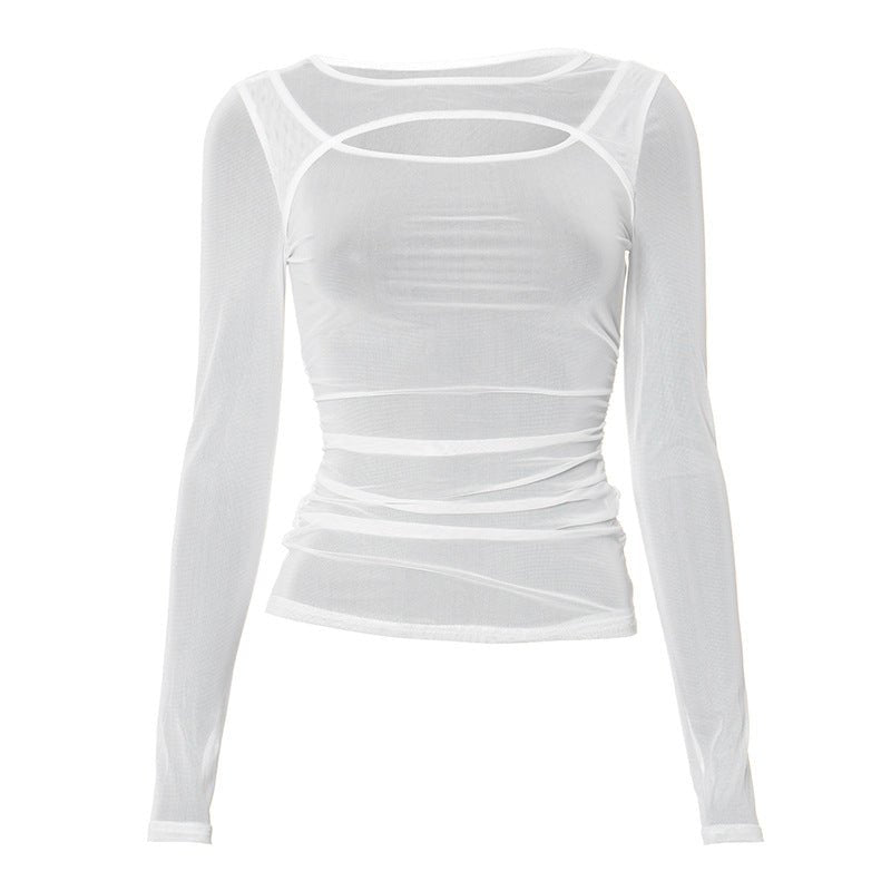 Summer new solid color long - sleeved bottom mesh hollow top - Negative Apparel