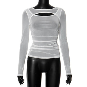 Summer new solid color long - sleeved bottom mesh hollow top - Negative Apparel