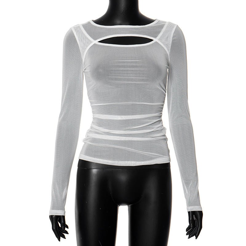 Summer new solid color long - sleeved bottom mesh hollow top - Negative Apparel