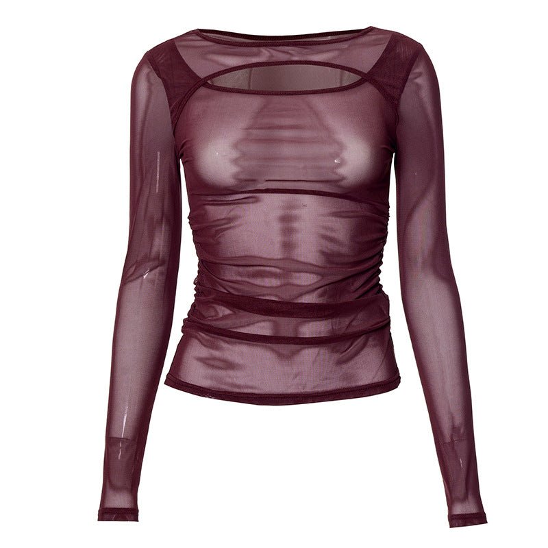 Summer new solid color long - sleeved bottom mesh hollow top - Negative Apparel