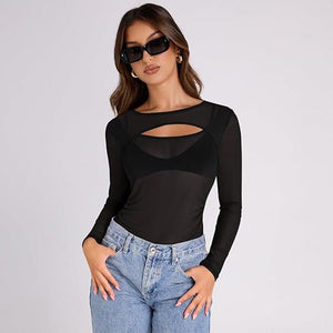 Summer new solid color long - sleeved bottom mesh hollow top - Negative Apparel