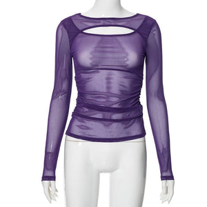 Summer new solid color long - sleeved bottom mesh hollow top - Negative Apparel