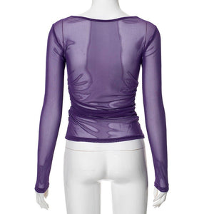 Summer new solid color long - sleeved bottom mesh hollow top - Negative Apparel