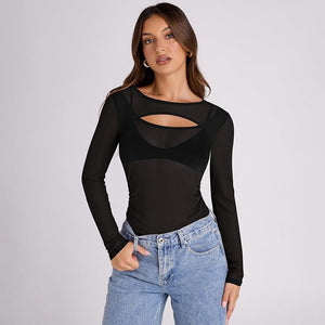 Summer new solid color long - sleeved bottom mesh hollow top - Negative Apparel