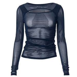 Summer new solid color long - sleeved bottom mesh hollow top - Negative Apparel