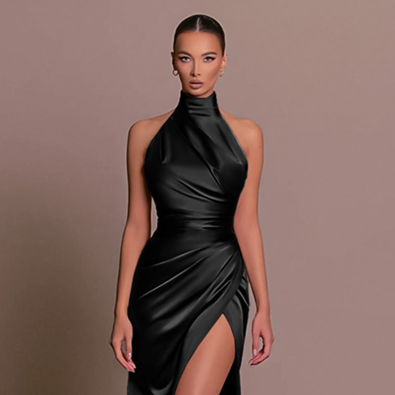 Summer new style stand collar long dress European and American style halter neck sleeveless slit slim dress - Negative Apparel