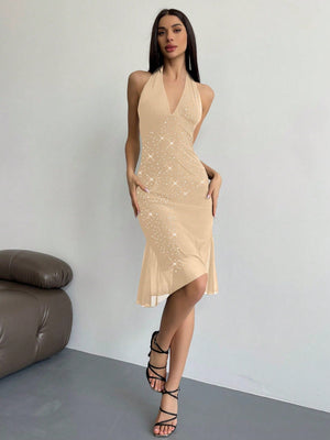 Summer Rhinestone & Mesh Splice Elegant Women Backless Halterneck Dress - Negative Apparel