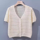 Summer short - sleeved hollow T-shirt new thin knitted ice silk small cardigan women's shawl with suspender top - Negative Apparel