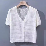 Summer short - sleeved hollow T-shirt new thin knitted ice silk small cardigan women's shawl with suspender top - Negative Apparel