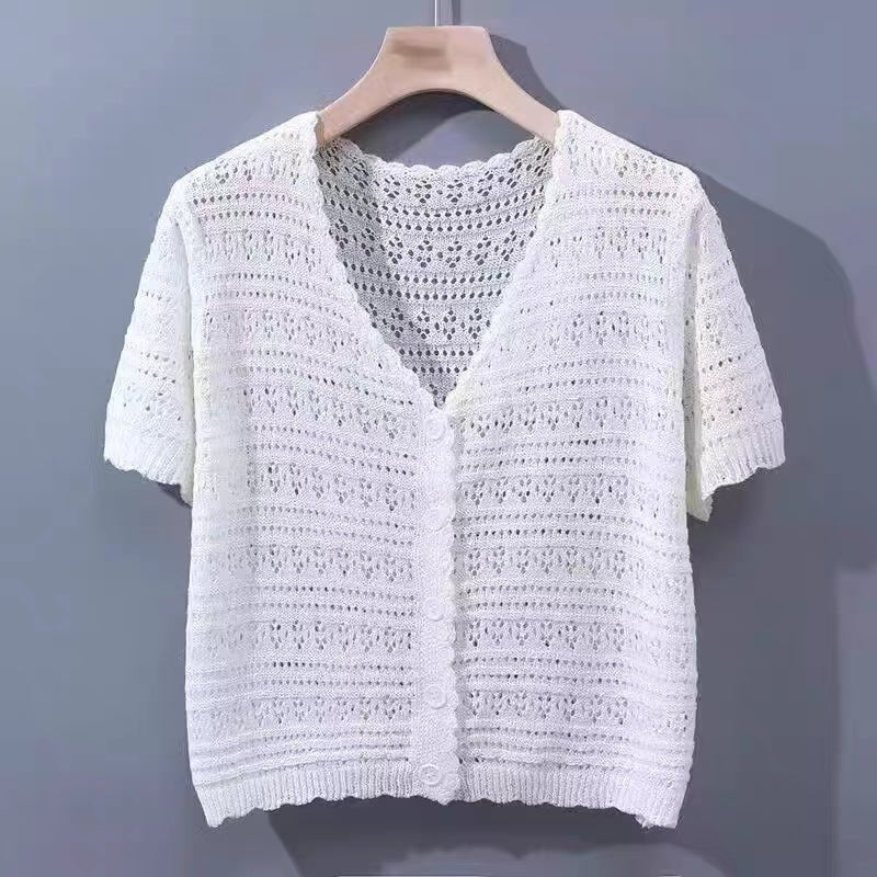 Summer short - sleeved hollow T-shirt new thin knitted ice silk small cardigan women's shawl with suspender top - Negative Apparel