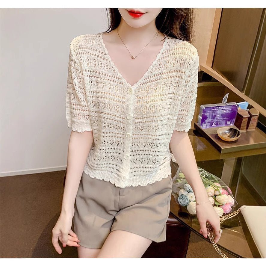 Summer short - sleeved hollow T-shirt new thin knitted ice silk small cardigan women's shawl with suspender top - Negative Apparel