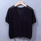 Summer short - sleeved hollow T-shirt new thin knitted ice silk small cardigan women's shawl with suspender top - Negative Apparel