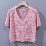 Summer short - sleeved hollow T-shirt new thin knitted ice silk small cardigan women's shawl with suspender top - Negative Apparel