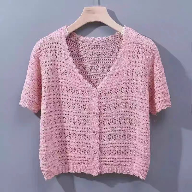 Summer short - sleeved hollow T-shirt new thin knitted ice silk small cardigan women's shawl with suspender top - Negative Apparel