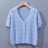 Summer short - sleeved hollow T-shirt new thin knitted ice silk small cardigan women's shawl with suspender top - Negative Apparel