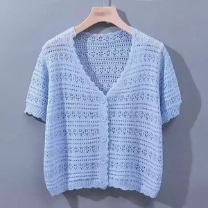 Summer short - sleeved hollow T-shirt new thin knitted ice silk small cardigan women's shawl with suspender top - Negative Apparel