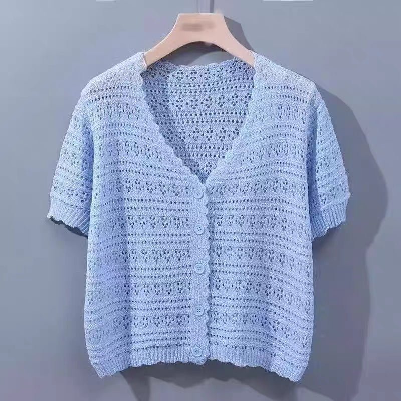 Summer short - sleeved hollow T-shirt new thin knitted ice silk small cardigan women's shawl with suspender top - Negative Apparel