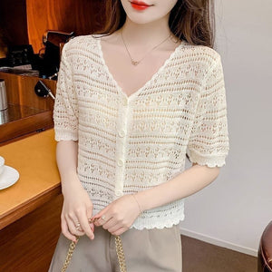 Summer short - sleeved hollow T-shirt new thin knitted ice silk small cardigan women's shawl with suspender top - Negative Apparel