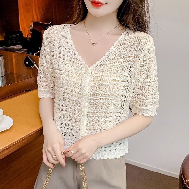 Summer short - sleeved hollow T-shirt new thin knitted ice silk small cardigan women's shawl with suspender top - Negative Apparel