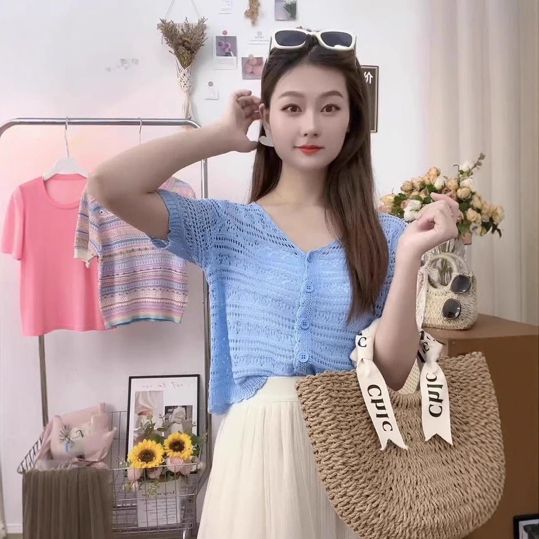Summer short - sleeved hollow T-shirt new thin knitted ice silk small cardigan women's shawl with suspender top - Negative Apparel