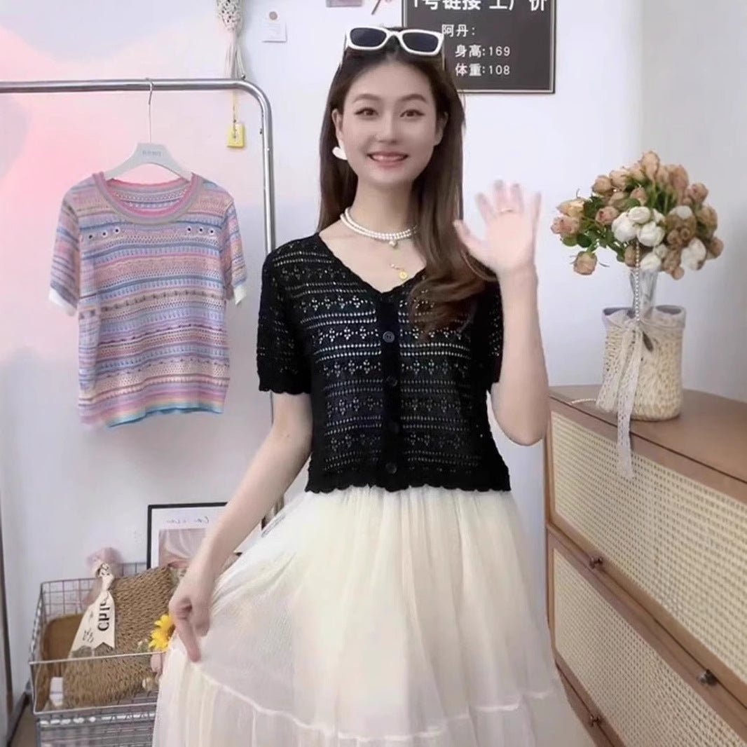 Summer short - sleeved hollow T-shirt new thin knitted ice silk small cardigan women's shawl with suspender top - Negative Apparel