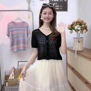 Summer short - sleeved hollow T-shirt new thin knitted ice silk small cardigan women's shawl with suspender top - Negative Apparel