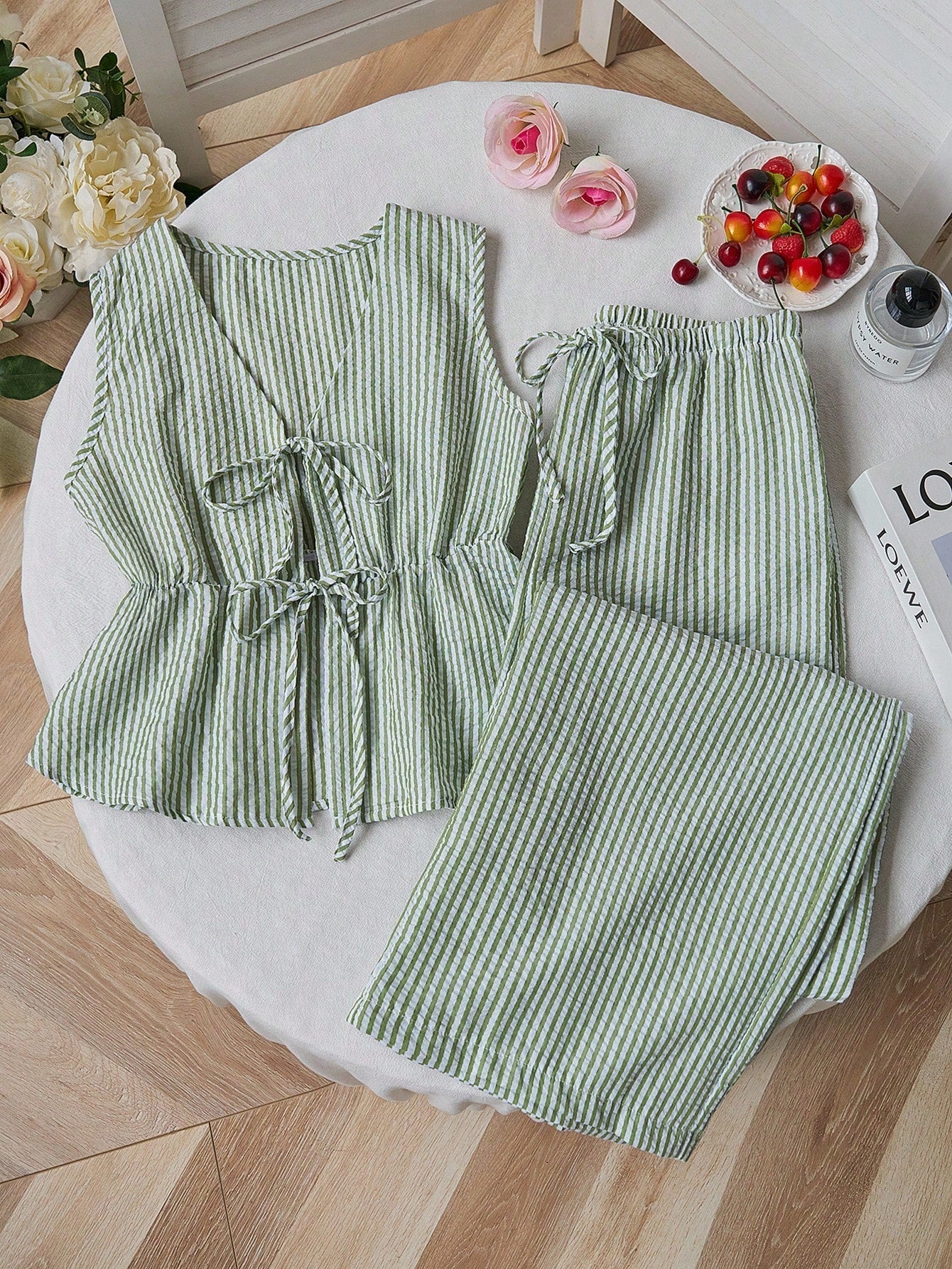 Summer Stripe Set | V - Neck Crop Top + Lace - Up Wide Pants - Negative Apparel