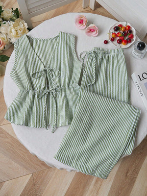 Summer Stripe Set | V - Neck Crop Top + Lace - Up Wide Pants - Negative Apparel