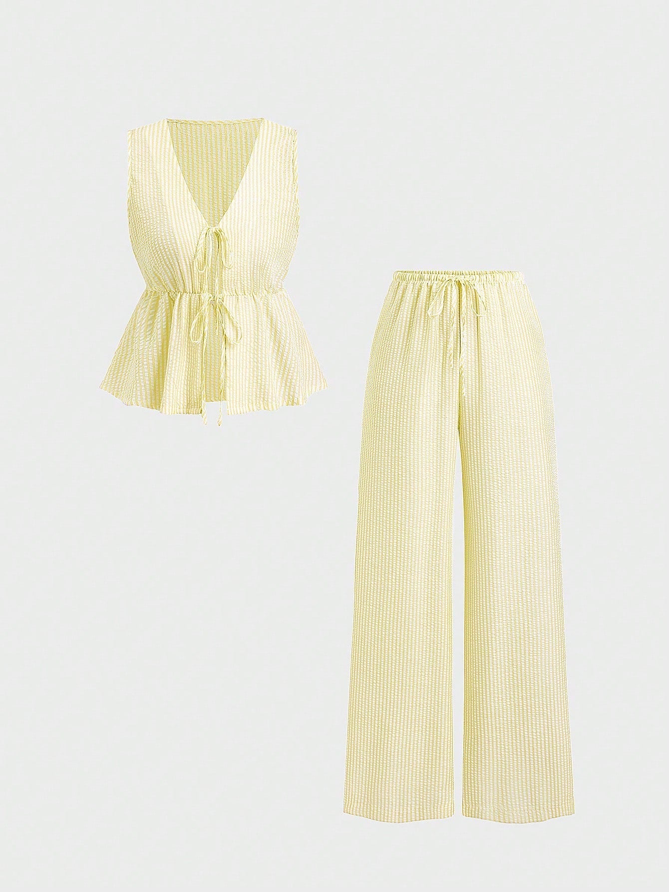 Summer Stripe Set | V - Neck Crop Top + Lace - Up Wide Pants - Negative Apparel