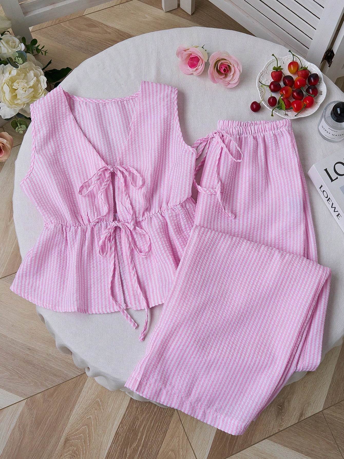 Summer Stripe Set | V - Neck Crop Top + Lace - Up Wide Pants - Negative Apparel