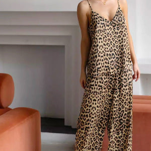 Summer thin loose pajamas leopard print two - piece suit satin silk - Negative Apparel