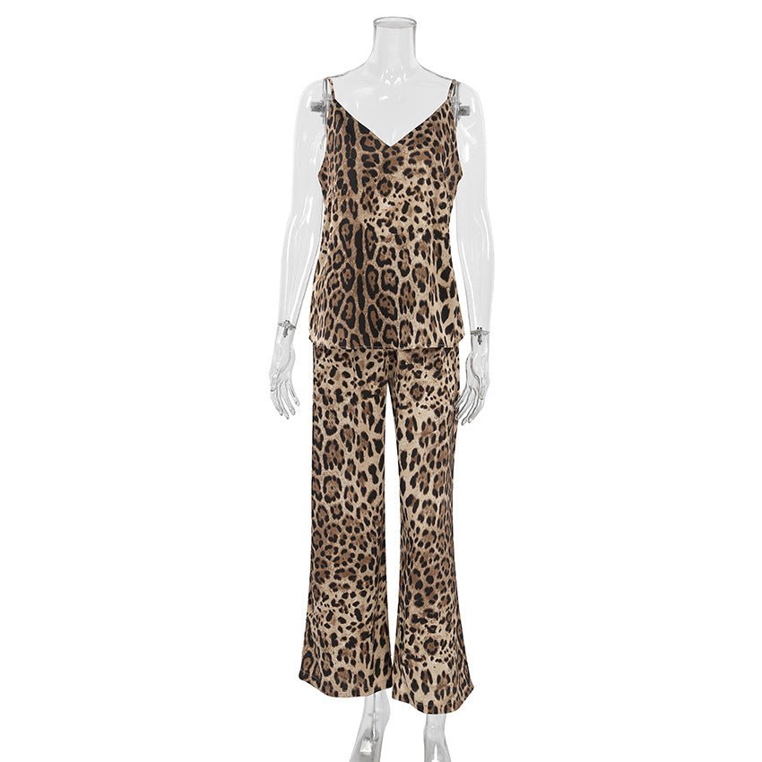 Summer thin loose pajamas leopard print two - piece suit satin silk - Negative Apparel