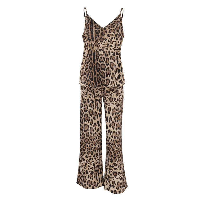 Summer thin loose pajamas leopard print two - piece suit satin silk - Negative Apparel