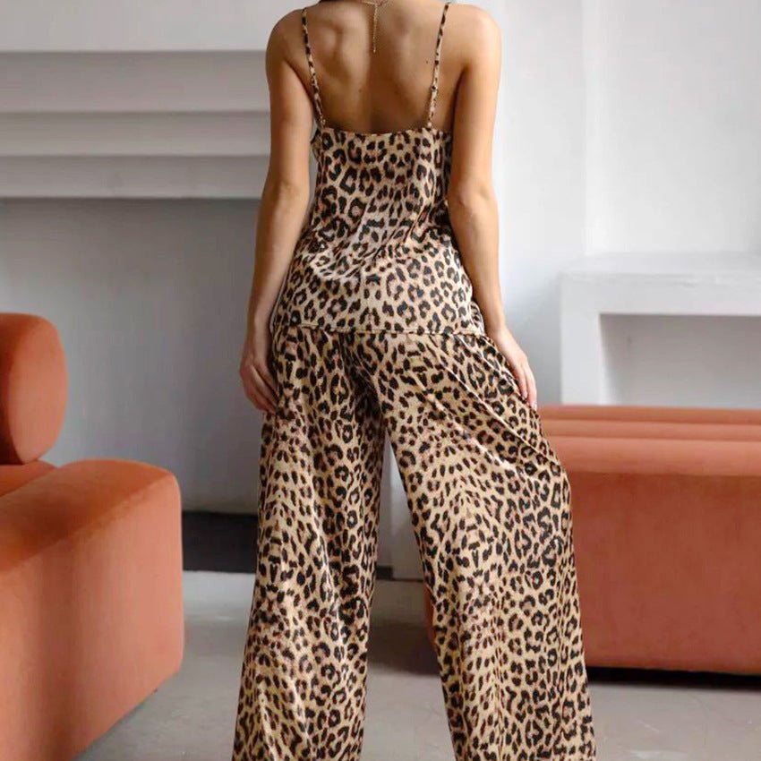 Summer thin loose pajamas leopard print two - piece suit satin silk - Negative Apparel