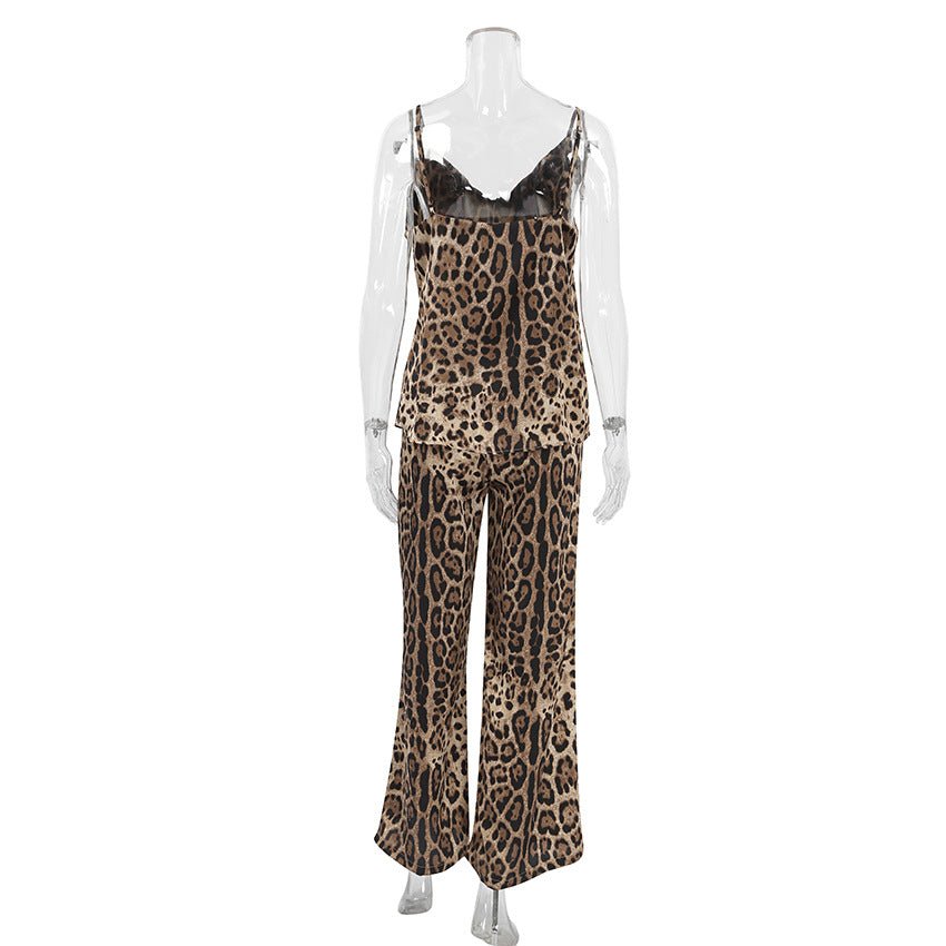 Summer thin loose pajamas leopard print two - piece suit satin silk - Negative Apparel