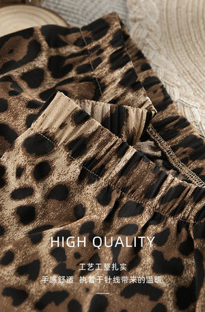 Summer thin loose pajamas leopard print two - piece suit satin silk - Negative Apparel