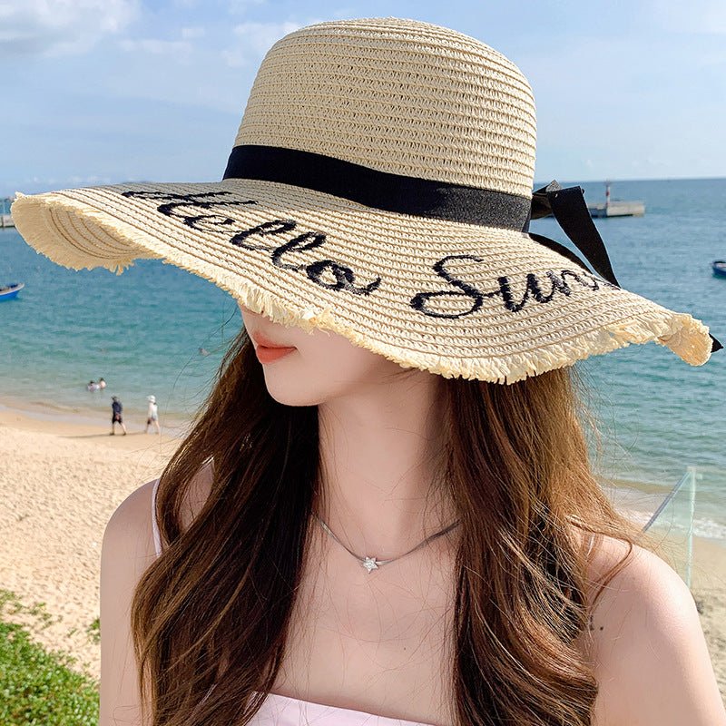 Summer wide brim embroidered sun protection straw hat for women fashion simple letter bow ribbon sun hat sweet sun hat - Negative Apparel