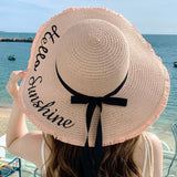 Summer wide brim embroidered sun protection straw hat for women fashion simple letter bow ribbon sun hat sweet sun hat - Negative Apparel