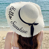 Summer wide brim embroidered sun protection straw hat for women fashion simple letter bow ribbon sun hat sweet sun hat - Negative Apparel