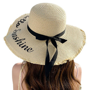 Summer wide brim embroidered sun protection straw hat for women fashion simple letter bow ribbon sun hat sweet sun hat - Negative Apparel