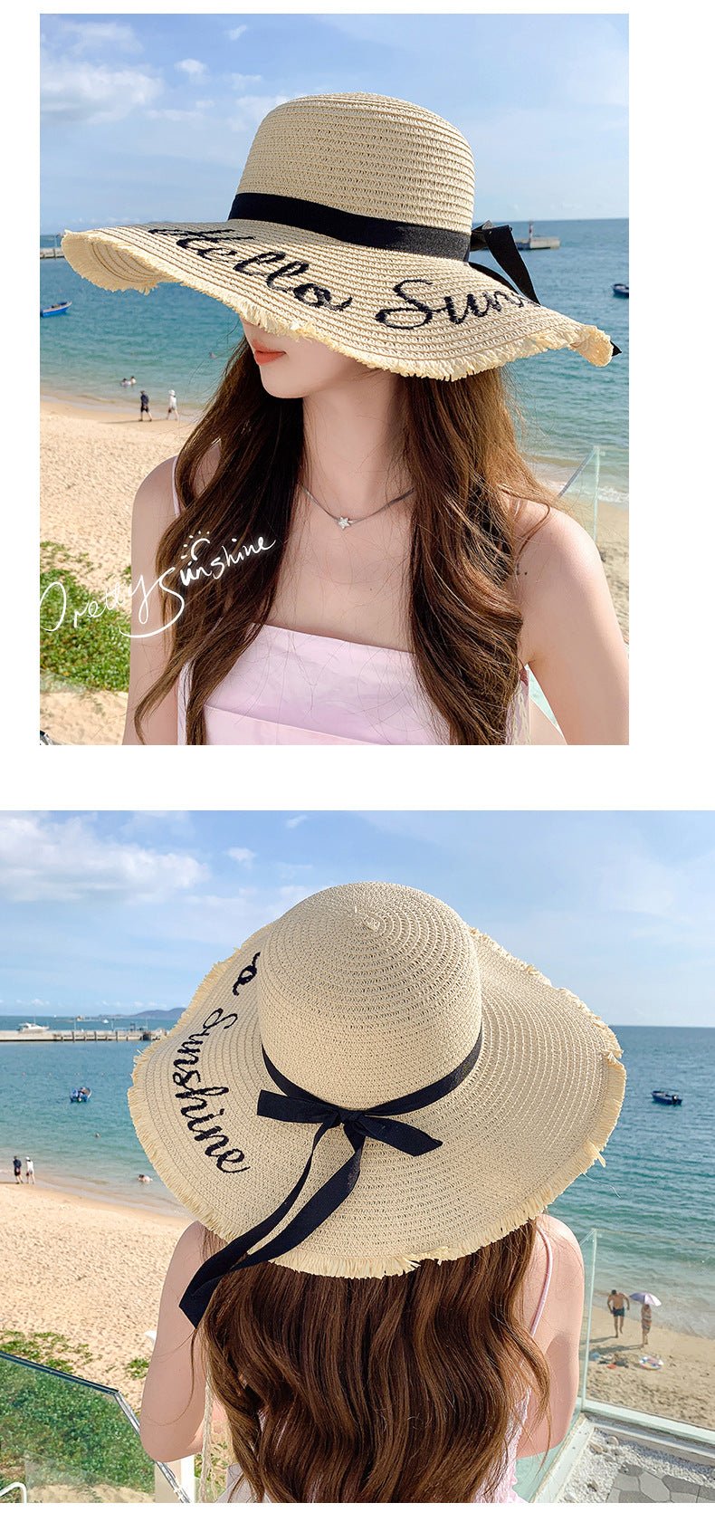 Summer wide brim embroidered sun protection straw hat for women fashion simple letter bow ribbon sun hat sweet sun hat - Negative Apparel