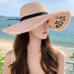 Summer wide brim embroidered sun protection straw hat for women fashion simple letter bow ribbon sun hat sweet sun hat - Negative Apparel