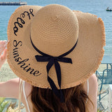 Summer wide brim embroidered sun protection straw hat for women fashion simple letter bow ribbon sun hat sweet sun hat - Negative Apparel