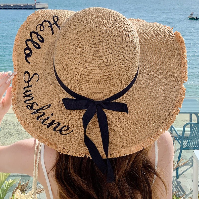Summer wide brim embroidered sun protection straw hat for women fashion simple letter bow ribbon sun hat sweet sun hat - Negative Apparel