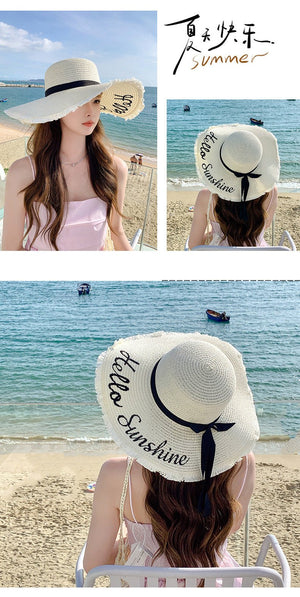 Summer wide brim embroidered sun protection straw hat for women fashion simple letter bow ribbon sun hat sweet sun hat - Negative Apparel