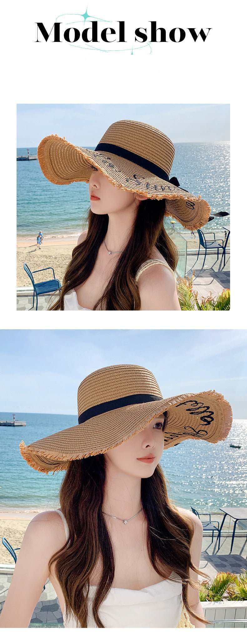 Summer wide brim embroidered sun protection straw hat for women fashion simple letter bow ribbon sun hat sweet sun hat - Negative Apparel
