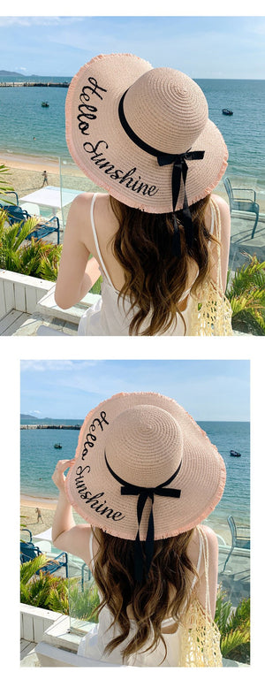 Summer wide brim embroidered sun protection straw hat for women fashion simple letter bow ribbon sun hat sweet sun hat - Negative Apparel